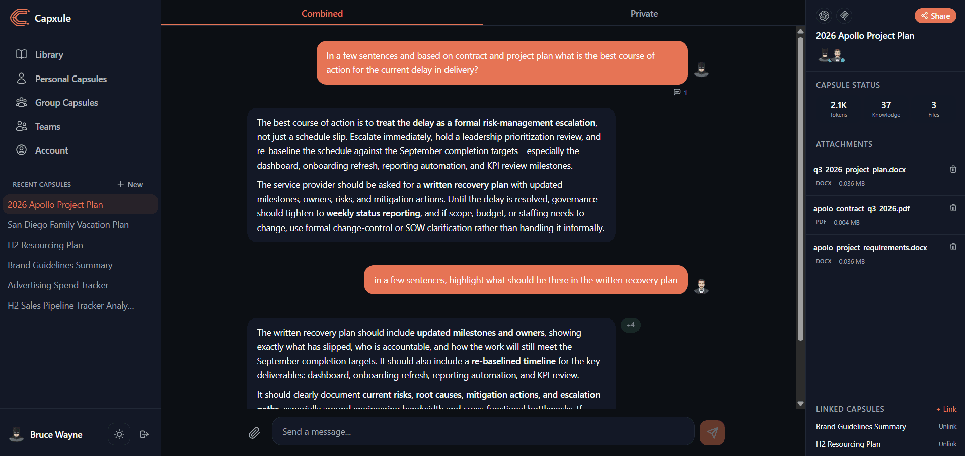 CapxuleGo, your team AI companion: chat with shared context, attachments, and linked capsules