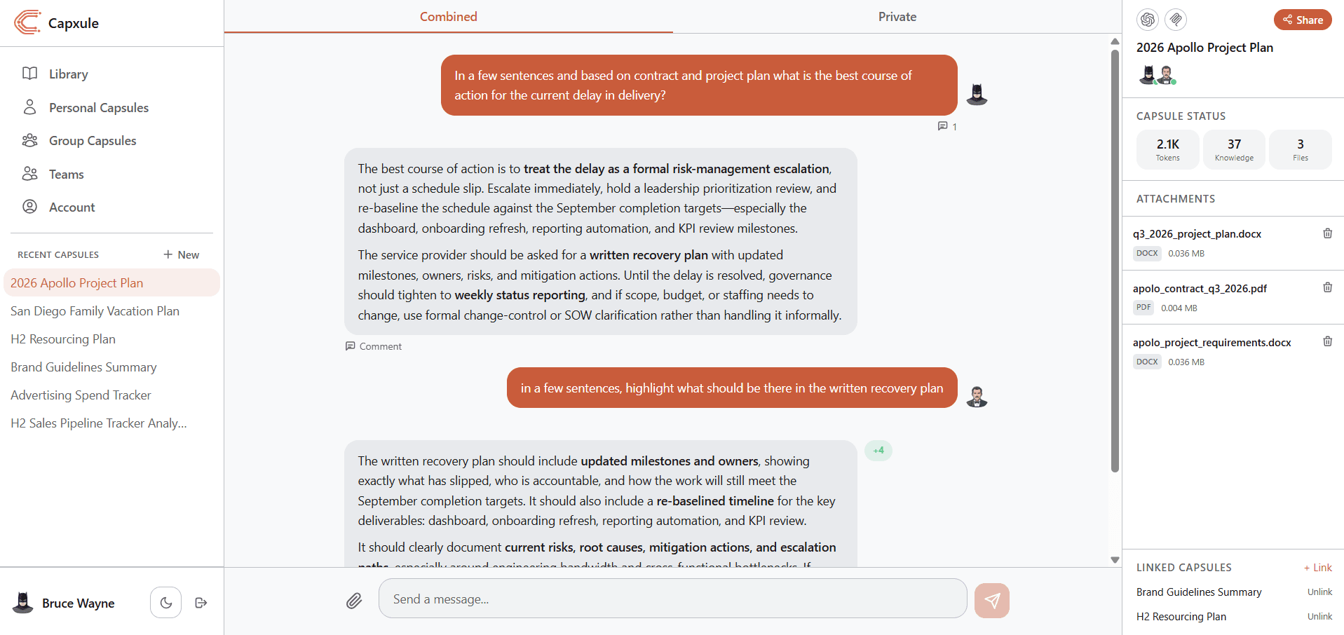 CapxuleGo, your team AI companion: chat with shared context, attachments, and linked capsules